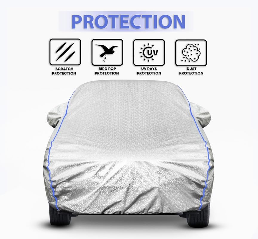 Image of Kerwa Car Cover Waterproof Compatible with Maruti Fronx, Dust, UV & Scratch, All-Weather Proof Full Body Cover, Metallic Silver with Blue Lining, Triple Stitched Elasticated Bottom with Mirror Pocket