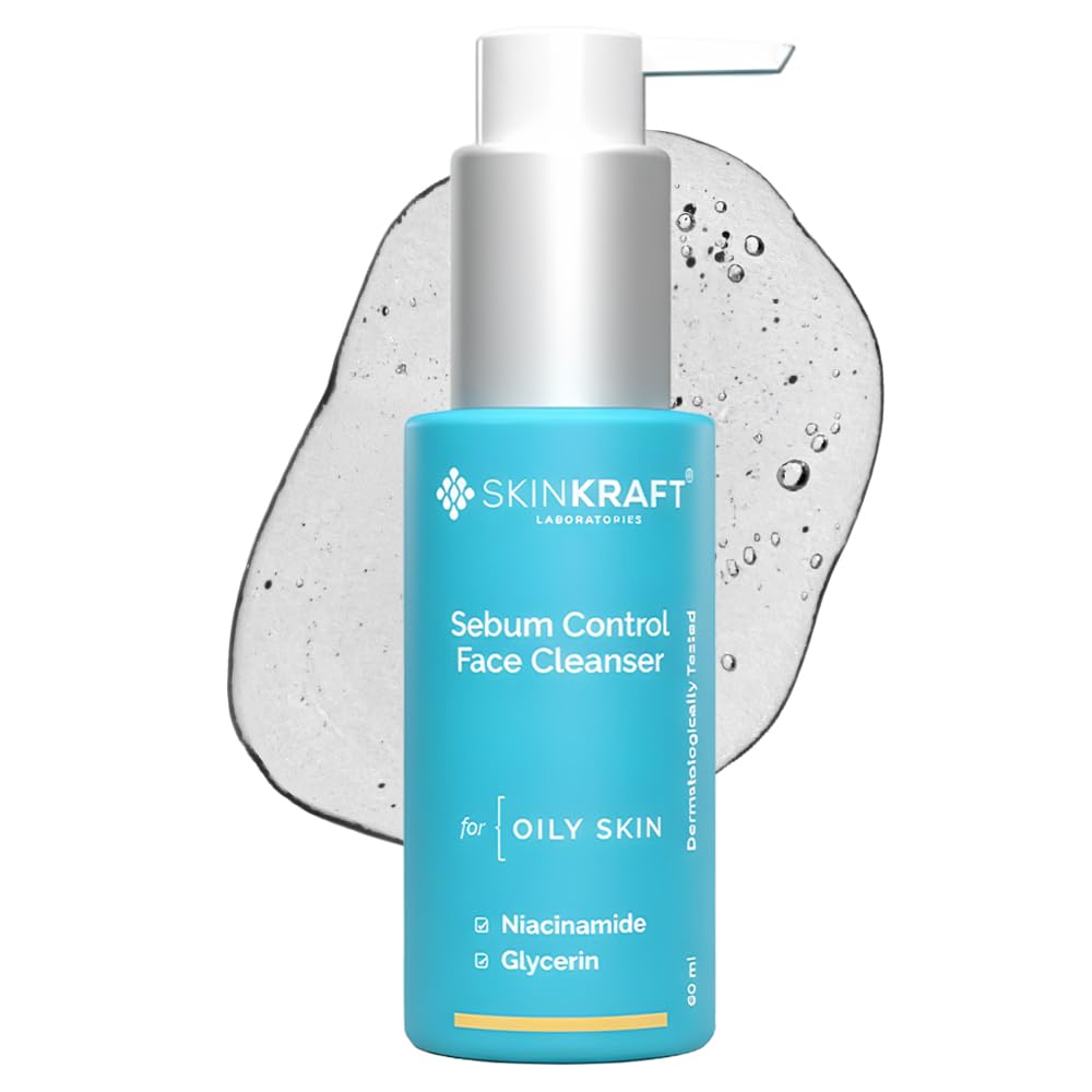 SkinKraft Sebum Control Cleanser for Oily Skin – Niacinamide & Glycerin – Oil Control Face Wash with Hydration & pH Balance – Non-Drying Daily Cleanser – 60ml
