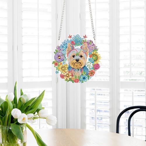 Image of Floral Wreath Dog Diamond Painting Hanging Kit - DIY Acrylic Pendant Ornament with 5D Special Shaped Rhinestones, Cute Puppy Art Board for Wall, Door, or Garden Decor, Creative Handmade Gift