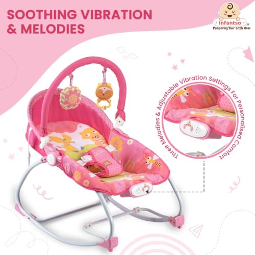 Image of INFANTSO Baby Rocker & Bouncer for 0 to 2 Years, Portable Chair for Newborn with Mosquito Net, Calming Vibrations, Soft Music & Hanging Toys, Adjustable Toddler Swing (Pink)