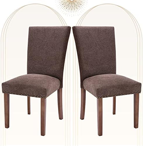 Upholstered Fabric Dining Chairs Set of 2, Parsons Dining Room Kitchen Side Chair with Nailhead Trim and Wood Legs - Brown
