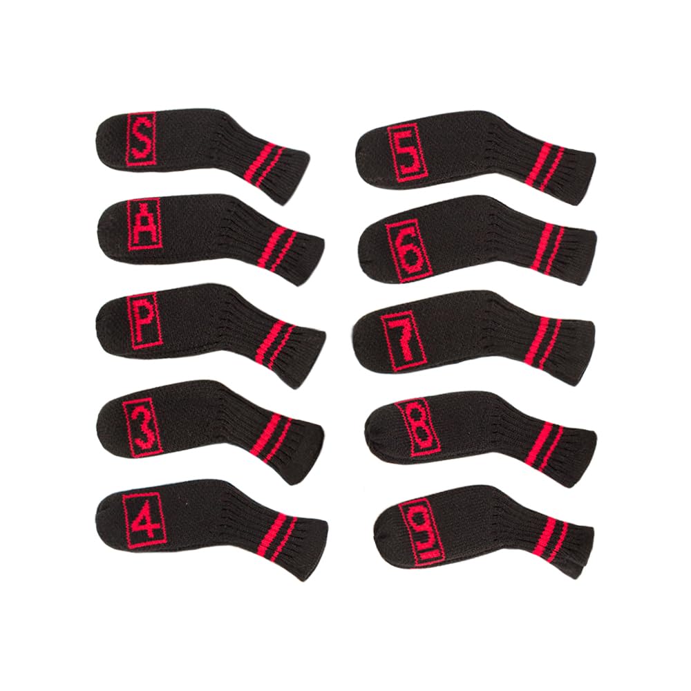 Scott Edward 10 Pcs Golf Iron Club Covers Head Covers for Irons Cuteness Basically Socks Shape Washable Golf Club Head Protector Double Sided Knit Suitable for Most Brands (Black Red Frame) โ image 1