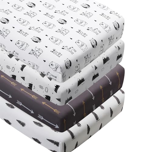 Image of 4 Pack Woodland Forest Animals Wood Neutral Unisex Fitted Baby Crib Sheets Set for Baby Boys or Girls Cartoon