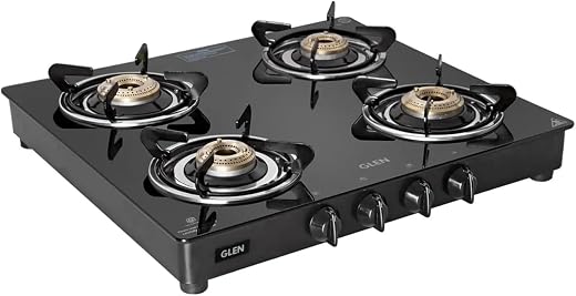 Glen Apex LPG Gas Stove 4 Burner 55 cm | 6mm Thick Toughened Glass Top | Brass Burner Gas Stoves | ISI Certified Black | Drip Trays | Revolving…