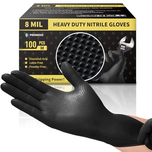 PROMEDIX P Heavy Duty Nitrile Gloves with Diamond Texture 8 Mil Non-Medical Disposable Glove Latex Free Powder Free Industrial -Black,M