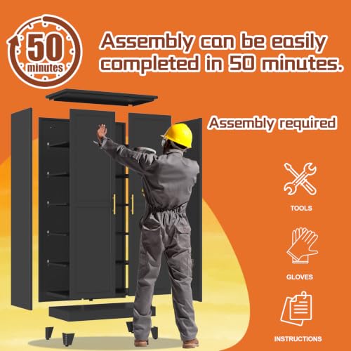 Image of RISRERN Black Metal Storage Cabinet, 79 inch Steel Cabinets for Home Office | Kitchen Pantry Storage Cabinet with Doors, 5 Adjustable Shelves, Metal Pantry Cabinet, for Office, Home, School 40 inch W