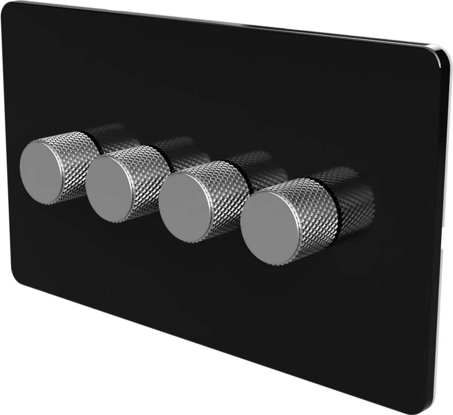 LED Dimmer Switch [Metal Knob/Plastic faceplate] 2-way Rotary Push On/Off for Dimmable LED and Halogen Lights, minimum brightness adjustable - Black/Silver 4-Gang — image 1