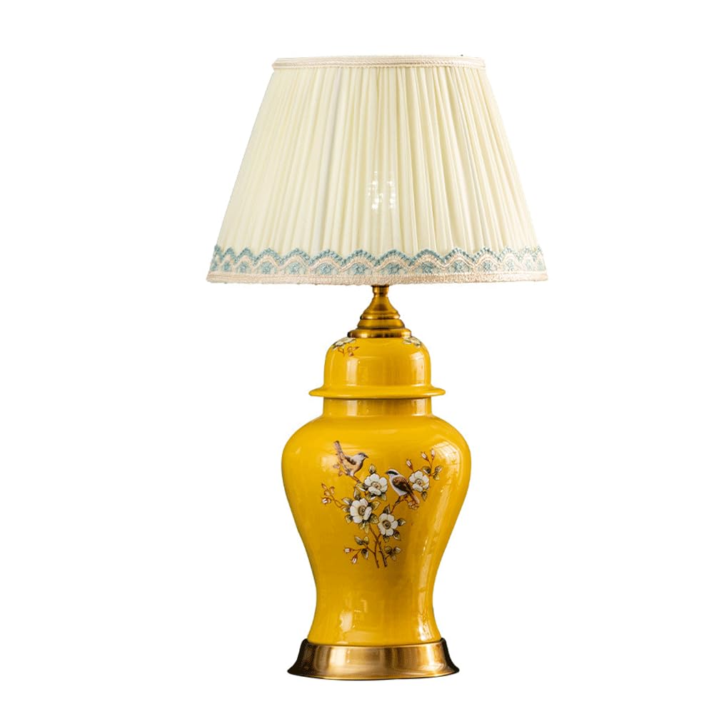 SANBDDLYY Hand-Painted Ceramic Table Lamp - American Flower and Bird Design for Bedroom, Study, and Hotel