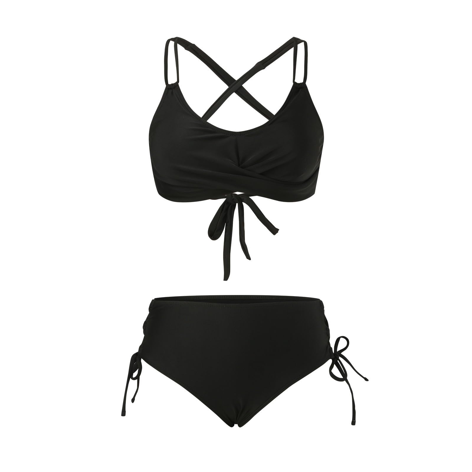 Bikini dla kobiet zestaw bikini z wysokim stanem dwuczęściowy strój kąpielowy push up owijany top i spodnie, czarne, M