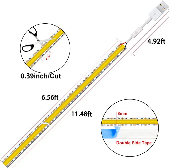 COB Strip Light With Switch USB 5V Highlight LED Light Bedroom 6.56ft(2m) 600LEDs Waterproof Flexible Self Adhesive Tape Light for Kitchen,Garage,TV Wall,Home DIY Lighting (2m /Neutral Light 4000K)