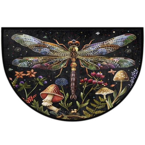 Image of Half Round Doormat Animal Dragonfly Flower Non Slip Half Circle Area Rugs Indoor Washable Half Moon Rug Semi Circle Bathroom Runner Mat Entrance Floor Carpet for Kithen Bedroom Fireplace Decor