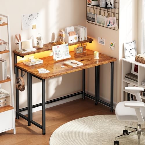Image of Folding Table with RGB Light for Small Space, 31.5 inch Folding Computer Desk for Space Saving Sofa Table for Couch, Home Work Office Desk with Monitor Stand, Easy to Fold with Hooks,Rustic Brown