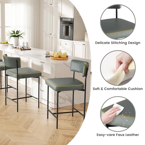 Image of Bar Stools, Faux Leather Counter Height Barstools with Curved Back, 25 Inch Upholstered Bar Chairs, Modern Counter Stools for Kitchen lsland, Grey