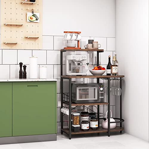 COSTWAY 4-Tier Kitchen Baker's Rack, Industrial Microwave Oven Stand with Detachable Top Shelf, Glass Holder, 6 S-Hooks and Adjustabel Foot Pads, Standing Coffee Bar Table Station, 90x42x124cm - Image 3