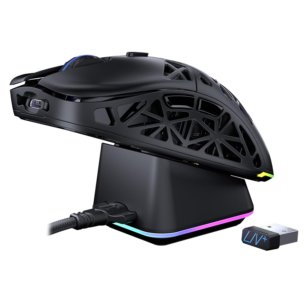 ENDORFY Liv Plus Wireless, ratón para Juegos, ratón inalámbrico, diseño Ultraligero (69 g), 26.000 PPP máximos, PixArt PAW3395, 2,4 GHz, BT, USB-A, estación de Carga en Set, EY6A016