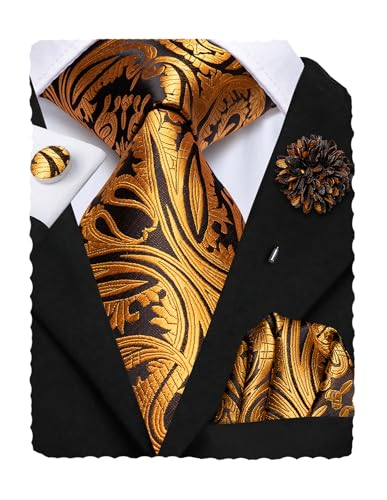 Image of Hi-Tie Men's Tie Lapel Pin Set Pocket Square Cufflinks Formal Woven Silk Tie Sets Wedding Party