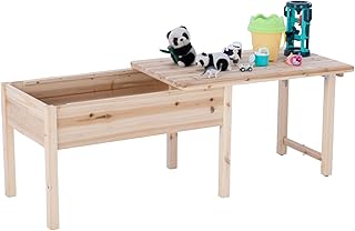 BIRASIL Wooden Kids Table with Storage, Sensory Tables with Folding Lid for Children, Elevated Activity Play Table for Indoor Outdoor, Natural Wood