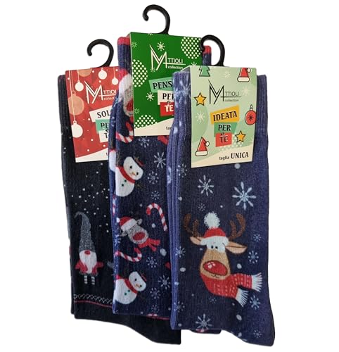 MATTIOLI Calze di Natale Uomo Donna 3 paia in Cotone Christmas Socks Regalo di Natale Calzini con Renna Gnomi e pupazzi di neve SOGNO