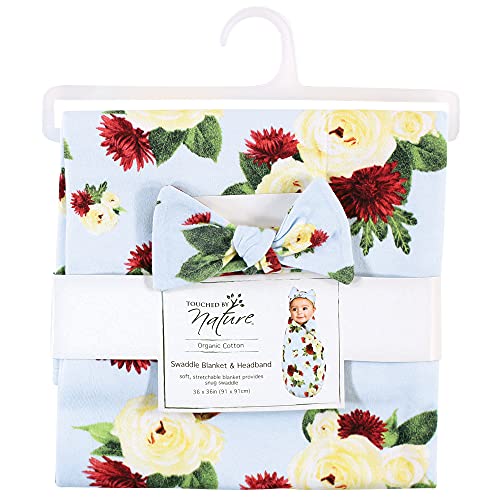 Image of Touched by Nature Unisex Baby Organic Cotton Swaddle Blanket and Headband or Cap, Rose Mum, One Size (Pack of 2)