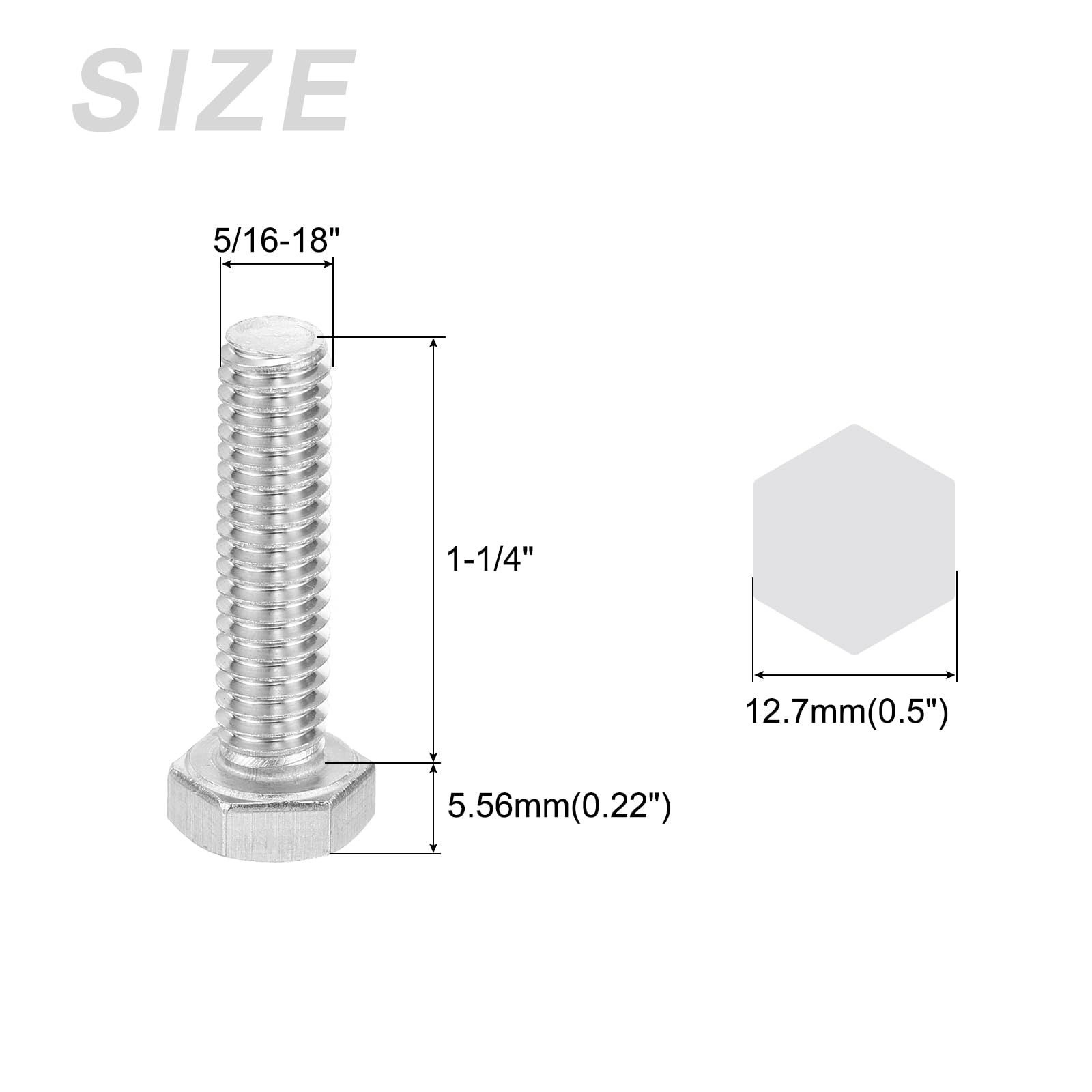 METALLIXITY Hex Head Screw Bolt (5/16-18x1-1/4") 20Pcs, 316 Stainless Steel, Fully Threaded, External Hex Drive - Image 2