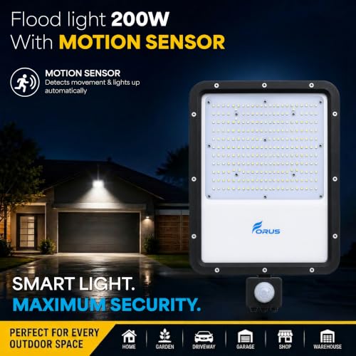 Image of Forus 200W LED Flood Light White with Motion Sensor Auto On Off Day Night Mode Waterproof Outdoor Security Light for Garden Parking Garage Factory Warehouse Super Bright Floodlight 4Yr Warranty-1Pc