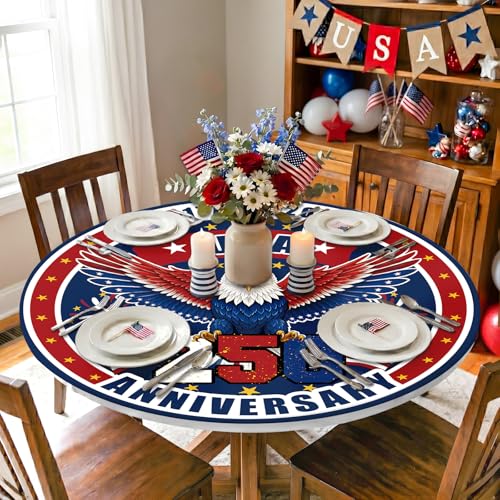 Hiboss 4th of July Tablecloth Round 44 Inch, Memorial Day Patriotic Independence Day Decorations for Home Table Cover, 250th Anniversary Eagle Red and Blue for Party Picnic Dinner Decor — view 3