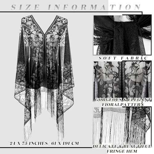 Patelai 3 Pcs Lace Shawls and Wraps for Evening Dresses Scarfs Women Fringe Scarf for 1920s Party Wedding Costume4