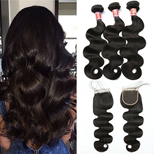 Brazilian Body Wave Virgin Hair Bundles with Lace Closure Free Part (24 26 28 + 22) 10A Unprocessed Great Grace Body Wave Remy Human Hair Weave with Closure Natural Color Body Wave with Closure