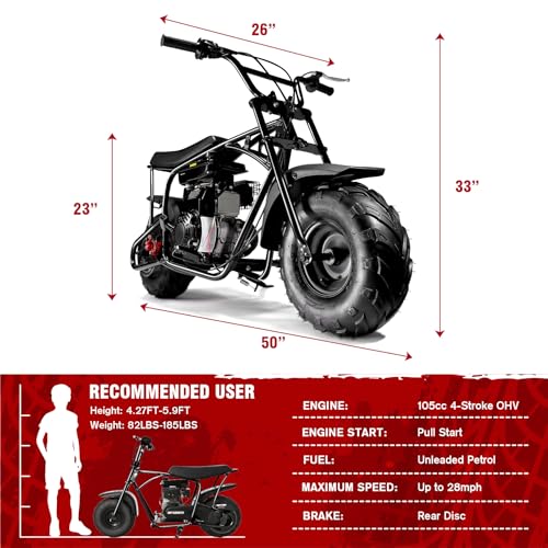 Image of Oryxearth Mini Dirt Pit Bike BRM100, 105CC 4-Stroke Gas Powered 3.5HP for Off Road & Trail Bike, Up to 28 Mph, Automatic Transmission and Pull to Start, Weight Support Up to 185LBS for Teens /Adults