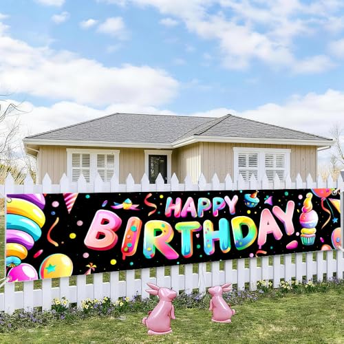 Image of Colorful Happy Birthday Banner 78.7 x 17.7 Inch Rainbow Letters with Party Balloons and Confetti Design Celebration Decoration for Kids Adults Home Yard Garden or Indoor Wall Display
