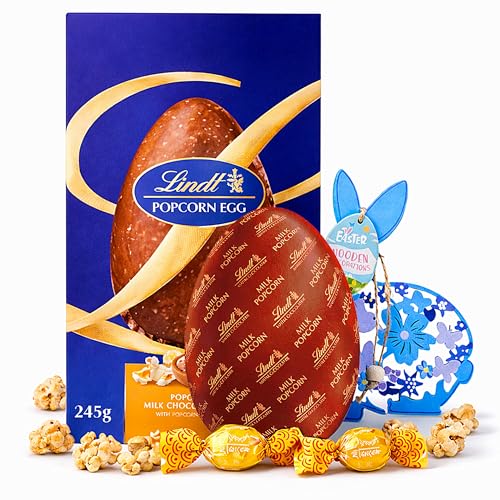 Lindt Chocolates Easter Egg for Easter Gifts - Large Milk Chocolate Egg with Popcorn Truffles 245g & Topline Wooden Easter Decoration. Great Gifts for Women Hampers Egg Hunt