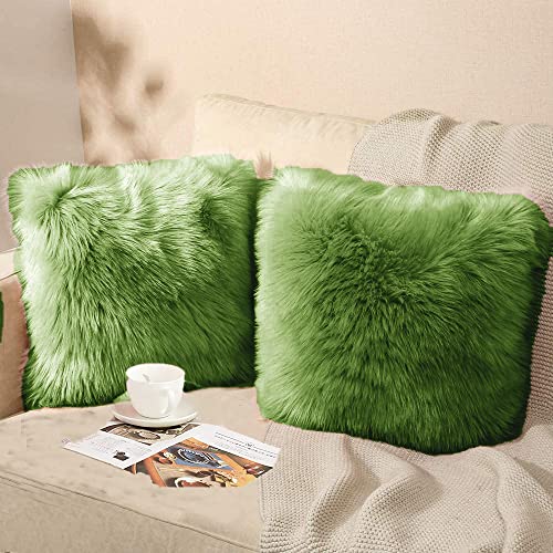 Image of Fur Cushion Pillow Cover for Set of 2 Pillow - 13x13 Inches (Olive Green)