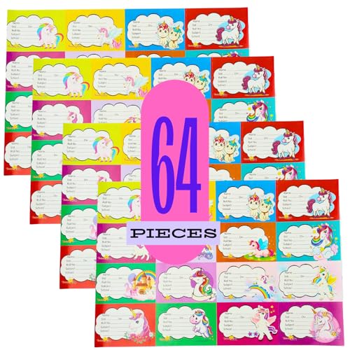 Image of Name Stickers for Notebooks & Books - Pack of 64 Durable Labels | School Stationery Essentials | Name Slips & Book Labels (Unicorn)