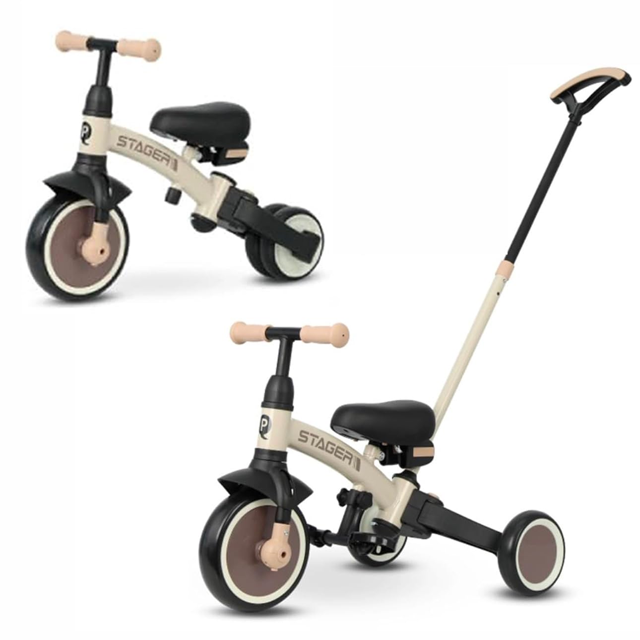 Triciclo & Bici d'equilibrio senza pedali QPLAY Stager Beige/​Brown 3 in 1, con maniglione a spinta, pedali rimovibili, si trasforma da 3 a 2 ruote senza attrezzi, sella regolabile, dai 2 ai 6 anni