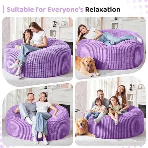 Image of HABUTWAY 6FT Bean Bag Chair, 6' Large Bean Bag Chairs for Adults with Removable Stripe Plush Cover, Memory Foam Beanbag Chair for Living Room Bedroom Dorm,Purple