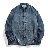 JEShifangjiusu Mens Chinese Tang Frog Tied Denim Jacket Stand Collar Gradient Blue Nation Outwear Top Tradition Vintage Coat (3X-Large,Dark Blue)
