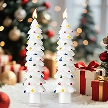 2 Pack Christmas Tree Candles, 5 Inch Unscented Tree Shaped Taper Beeswax Candles for Christmas Holiday Decor Table Centerpiece Display Party Banquet Gift White with Multicolor Trim