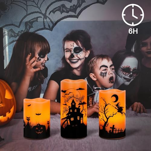 Image of Wondise Halloween Rechargable Flickering Flameless Candles with 6H Timer, Battery Operated LED Real Wax Candles with Charging Base Set of 3 Halloween Home Decoration Gifts(3 x 4 5 6 Inch)