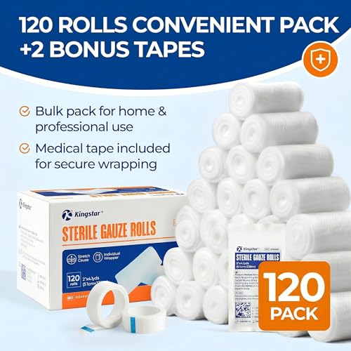 Image of Sterile Gauze Rolls, 2in x 4.1 Yards, 120 Pack Conforming Stretch Gauze Bandage, Firm Support for Dressings and Splints, Latex-Free First Aid Supplies Individually Wrapped with Bonus Tape