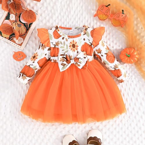 Kunyeah Baby Girls Halloween Tutu Dress Infant Long Sleeve Print Romper Newborn Bow Lace Skirts Outfit3
