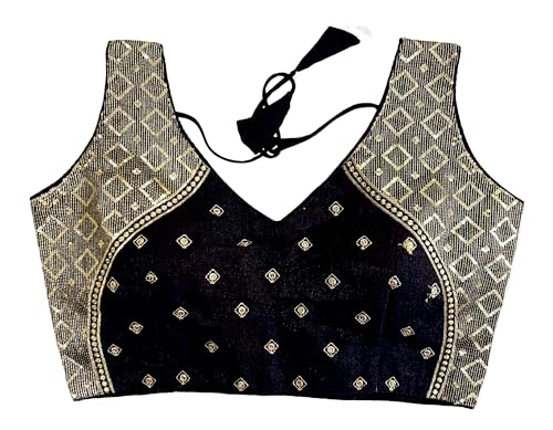 Vihu Fashion Women's Sequin Embroidered V Neck Sleeveless Saree Blouse Indian Ethnic Designer Stitched Readymade Saree Blouse Black Sleeveless Padded Readymade Blouse For Women