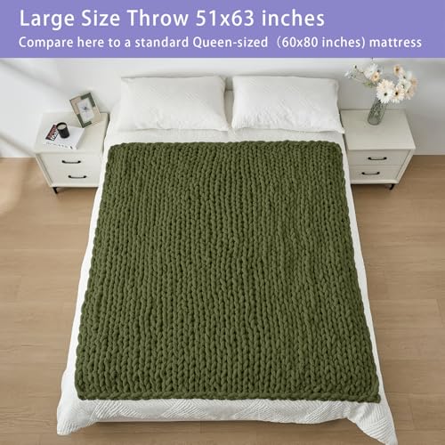 Bigacogo Chunky Knit Throw Blanket for Couch, 51x63 inches, 100% Hand Knitted with Thick Jumbo Chenille Yarn, Cozy Soft Large Rope Knot Cable Crochet Blankets for Sofa Bed Living Room, Yellow Green