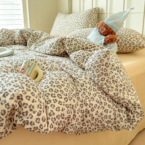 Image of VM VOUGEMARKET Leopard Duvet Cover Set Queen,Cream Grey,Muslin Cotton