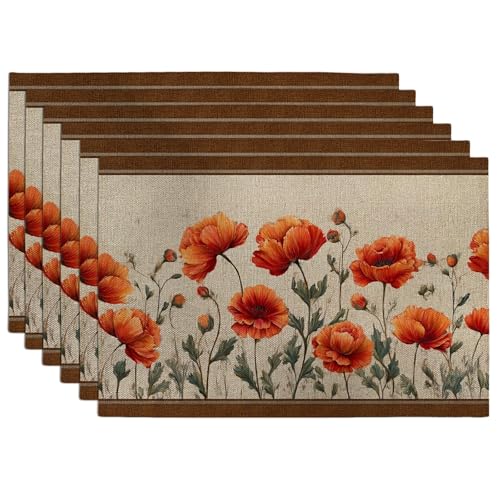 Lot de 6 sets de table antidérapants et lavables pour intérieur et extérieur Motif coquelicot Orange
