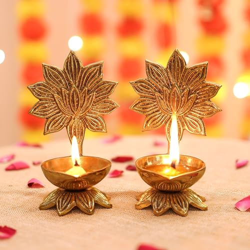 Image of Behoma 100% Pure Brass Lotus Diya Set of 2 for Puja | Traditional Handcrafted Brass Oil Lamp Diya for Home, Temple, Office, Pooja Room Decoration, Festive Rituals & Housewarming Gift Item