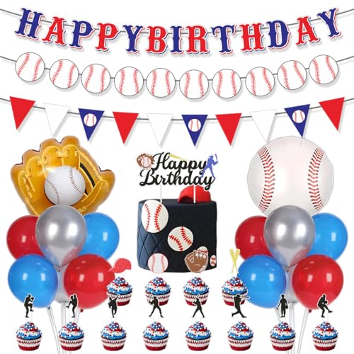 Fuwraixis Set de decoración de globos de béisbol, Tema de la campaña Banner, Adornos para tartas de softball, decorativo de fiesta de cumpleaños Niños y jóvenes
