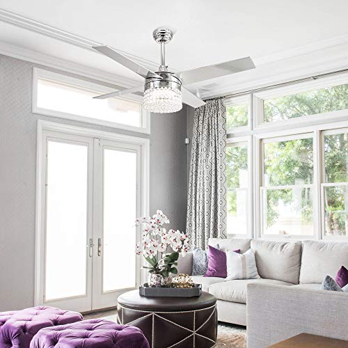 Ceiling Fans with Lights 48 Inch Ceiling Fan with Remote Crystal Chandelier Fans with 4 Reversible Blades, Satin Nickel