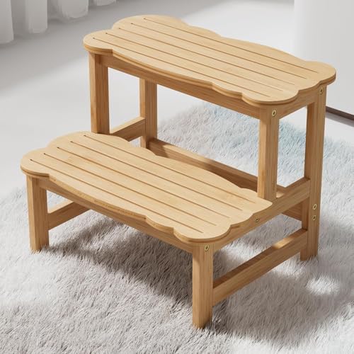 COSYLAND Step Stool for Toddlers - Two Step Stools Toddler 300 lbs Capacity with Safety Non-Slip Design Natural Step Stool for Bathroom Kitchen Dual Height Step Stools for Kids Natural