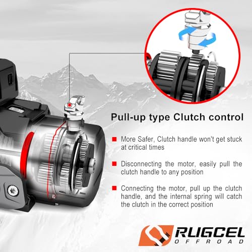 Image of RUGCEL WINCH 12000lb 12V Electric Synthetic Rope Winch | Waterproof, black synthetic rope, hawse fairlead, 2-in-1 infrared + wired remote for Truck & SUV off-road