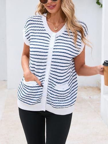 Image of Famulily Womens Cap Sleeve Button Down Sweater Knit Top Summer Cute Striped Cardigan Sweaters with Patch Pockets